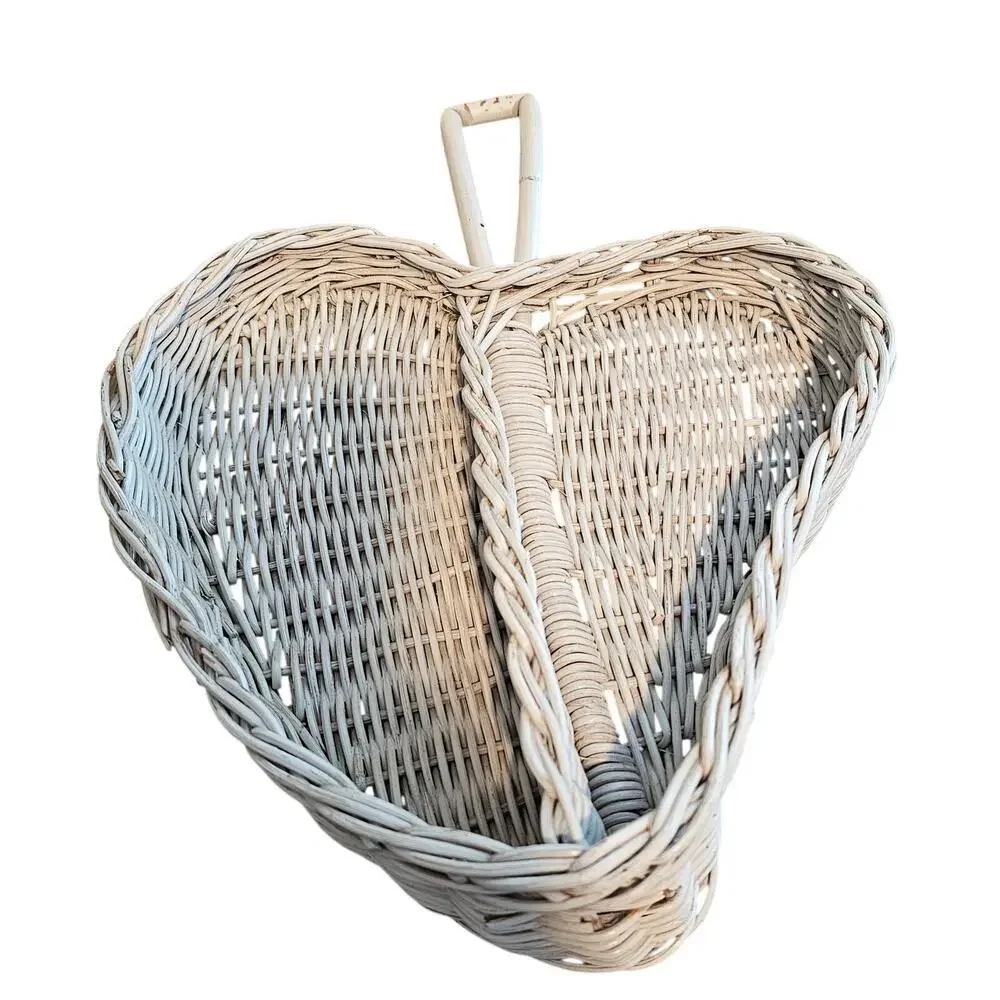 Vintage Heart Wicker Basket Divided Serving Tray Boho Handle White Wash Cottage